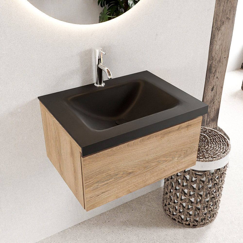 MONDIAZ BUKLA 60cm badmeubel modulair kleur Washed Oak met 1 lade. Wastafel CLOUD midden 1 kraangat kleur Urban.