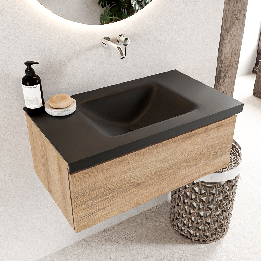 MONDIAZ BUKLA 80cm badmeubel modulair kleur Washed Oak met 1 lade. Wastafel CLOUD midden 0 kraangaten kleur Urban.