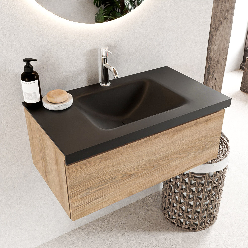 MONDIAZ BUKLA 80cm badmeubel modulair kleur Washed Oak met 1 lade. Wastafel CLOUD midden 1 kraangat kleur Urban.