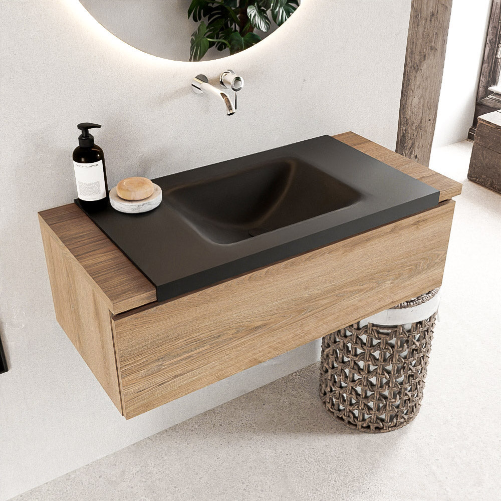 MONDIAZ BUKLA 100cm badmeubel onderkast kleur Washed Oak met 1 lade. Wastafel CLOUD midden 0 kraangaten kleur Urban.