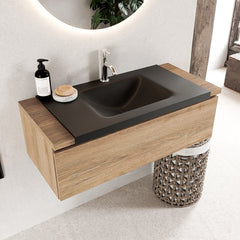 MONDIAZ BUKLA 100cm badmeubel onderkast kleur Washed Oak met 1 lade. Wastafel CLOUD midden 1 kraangat kleur Urban.