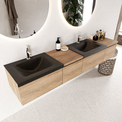 MONDIAZ BUKLA 200cm badmeubel met module 40 links kleur Washed Oak met 4 lades. Wastafel CLOUD dubbel 2 kraangaten kleur Urban.