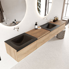 MONDIAZ BUKLA 240cm badmeubel met module 60 rechts kleur Washed Oak met 4 lades. Wastafel CLOUD dubbel 0 kraangaten kleur Urban.