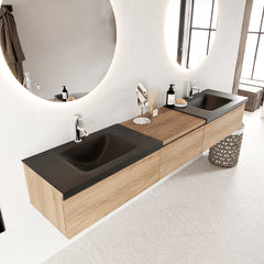 MONDIAZ BUKLA 220cm badmeubel met module 60 kleur Washed Oak met 3 lades. Wastafel CLOUD dubbel 2 kraangaten kleur Urban.