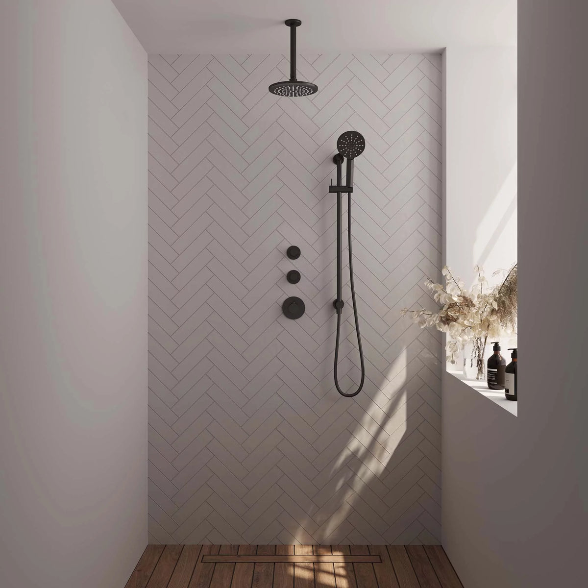 BRAUER Black Edition thermostatische inbouw regendouche SET 23 met 20 cm douchekop en plafondarm en 3-standen handdouche en doucheslang en geïntegreerde glijstang mat zwart