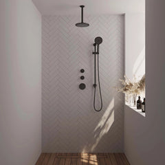 BRAUER Black Edition thermostatische inbouw regendouche SET 23 met 20 cm douchekop en plafondarm en 3-standen handdouche en doucheslang en geïntegreerde glijstang mat zwart