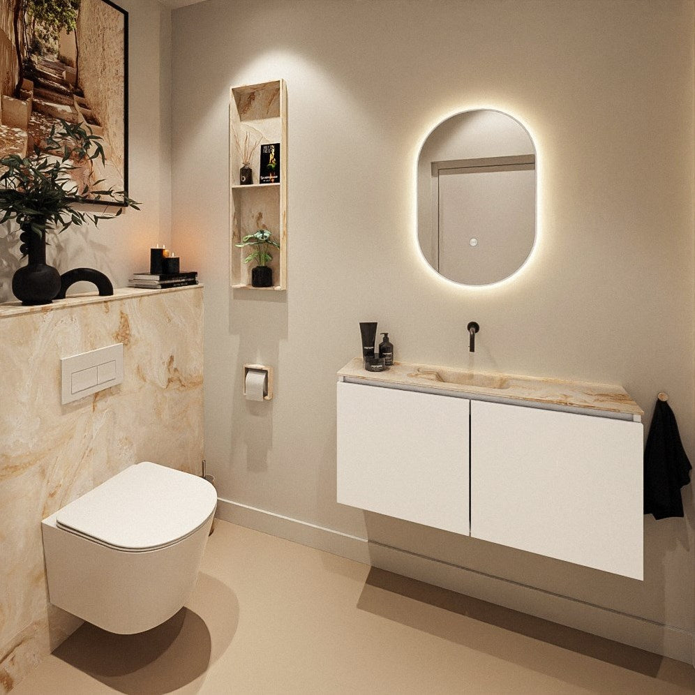 MONDIAZ HOPE Toiletplaat SET solid surface achterwand 100x125cm met Planchet 100x23cm in de kleur Frappe, voorgeboord.