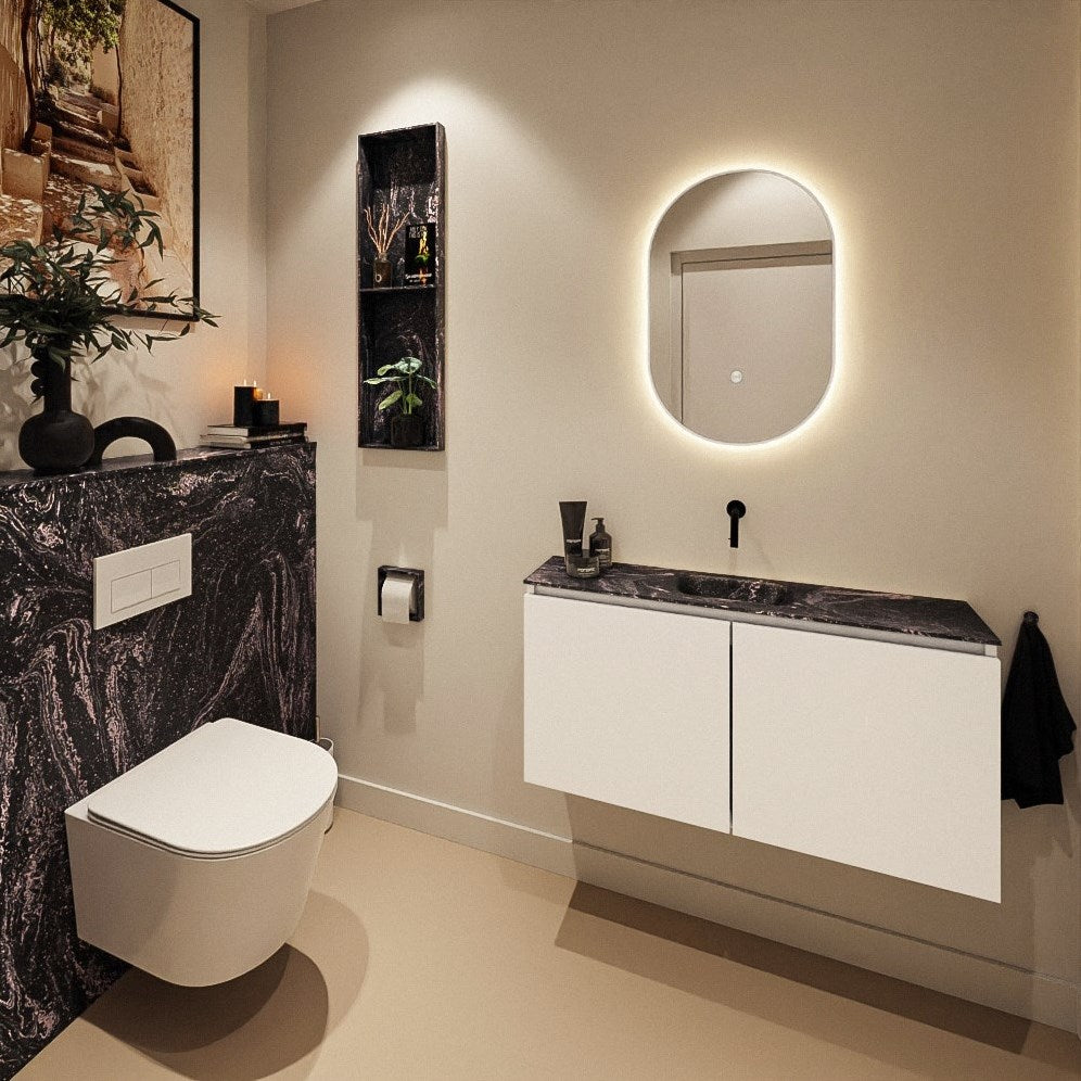 MONDIAZ HOPE Toiletplaat SET solid surface achterwand 100x125cm met Planchet 100x23cm in de kleur Lava, voorgeboord.