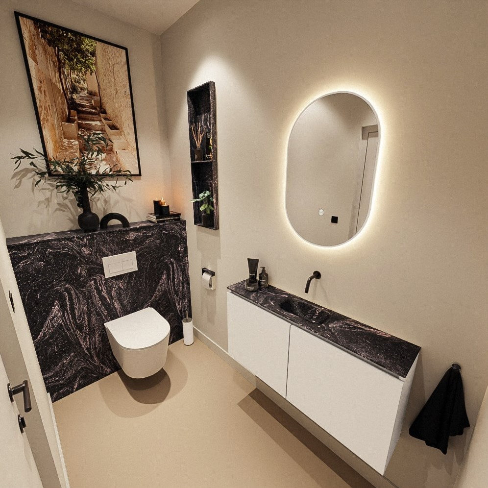 MONDIAZ HOPE Toiletplaat SET solid surface achterwand 100x125cm met Planchet 100x23cm in de kleur Lava, voorgeboord.