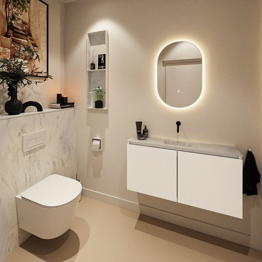 MONDIAZ HOPE Toiletplaat SET solid surface achterwand 100x125cm met Planchet 100x23cm in de kleur Opalo, voorgeboord.