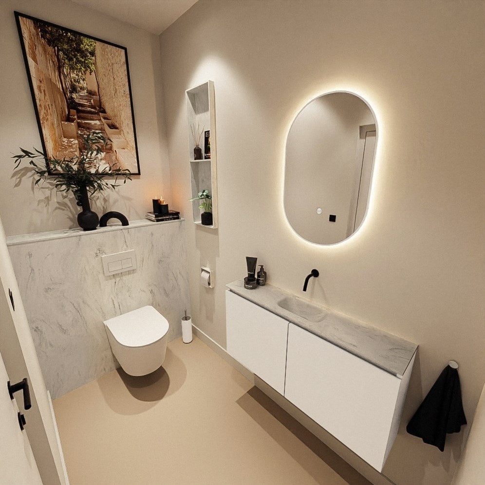 MONDIAZ HOPE Toiletplaat SET solid surface achterwand 100x125cm met Planchet 100x23cm in de kleur Opalo, voorgeboord.