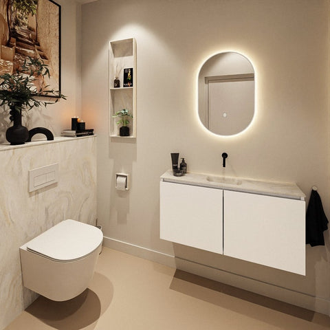 MONDIAZ HOPE Toiletplaat SET solid surface achterwand 100x125cm met Planchet 100x23cm in de kleur Ostra, niet voorgeboord.