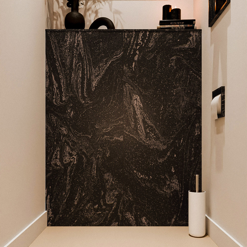 MONDIAZ HOPE Toiletplaat SET solid surface achterwand 100x125cm met Planchet 100x23cm in de kleur Lava, niet voorgeboord.