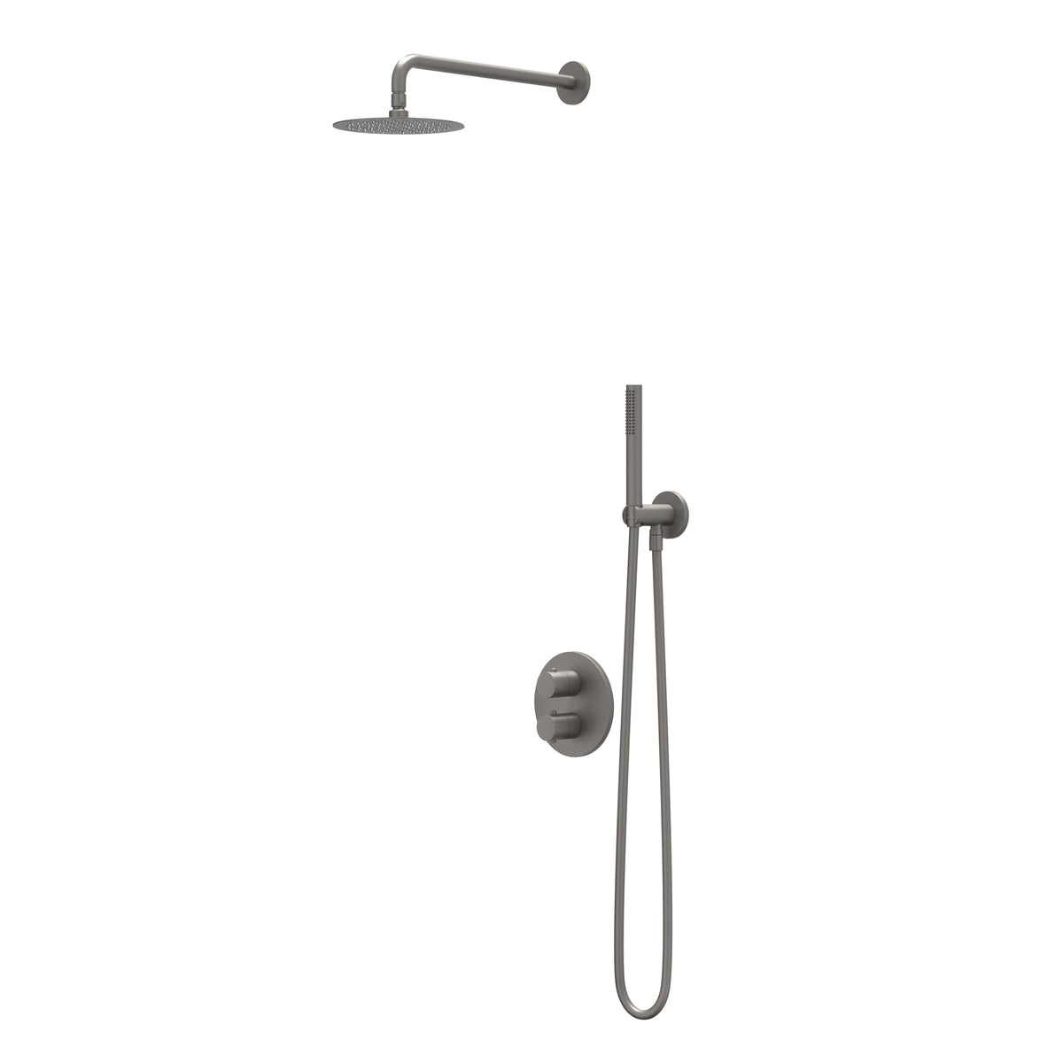 IVY Bond Regendoucheset - inbouw - 2-weg stop-omstel - 40cm wandarm - 30cm medium hoofddouche rond - houder met uitlaat - 150cm doucheslang - satin spray handdouche - Geborsteld metal black PVD