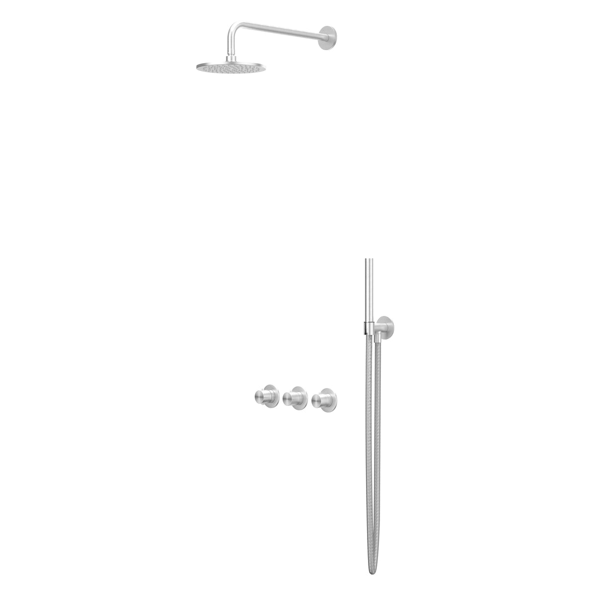 IVY Concord Rain Shower Set - concealed - symmetry - 2 stop valves - 40cm wall arm - 25cm medium shower head - holder with outlet - 150cm shower hose - stick hand shower - stainless steel 316 - brushed