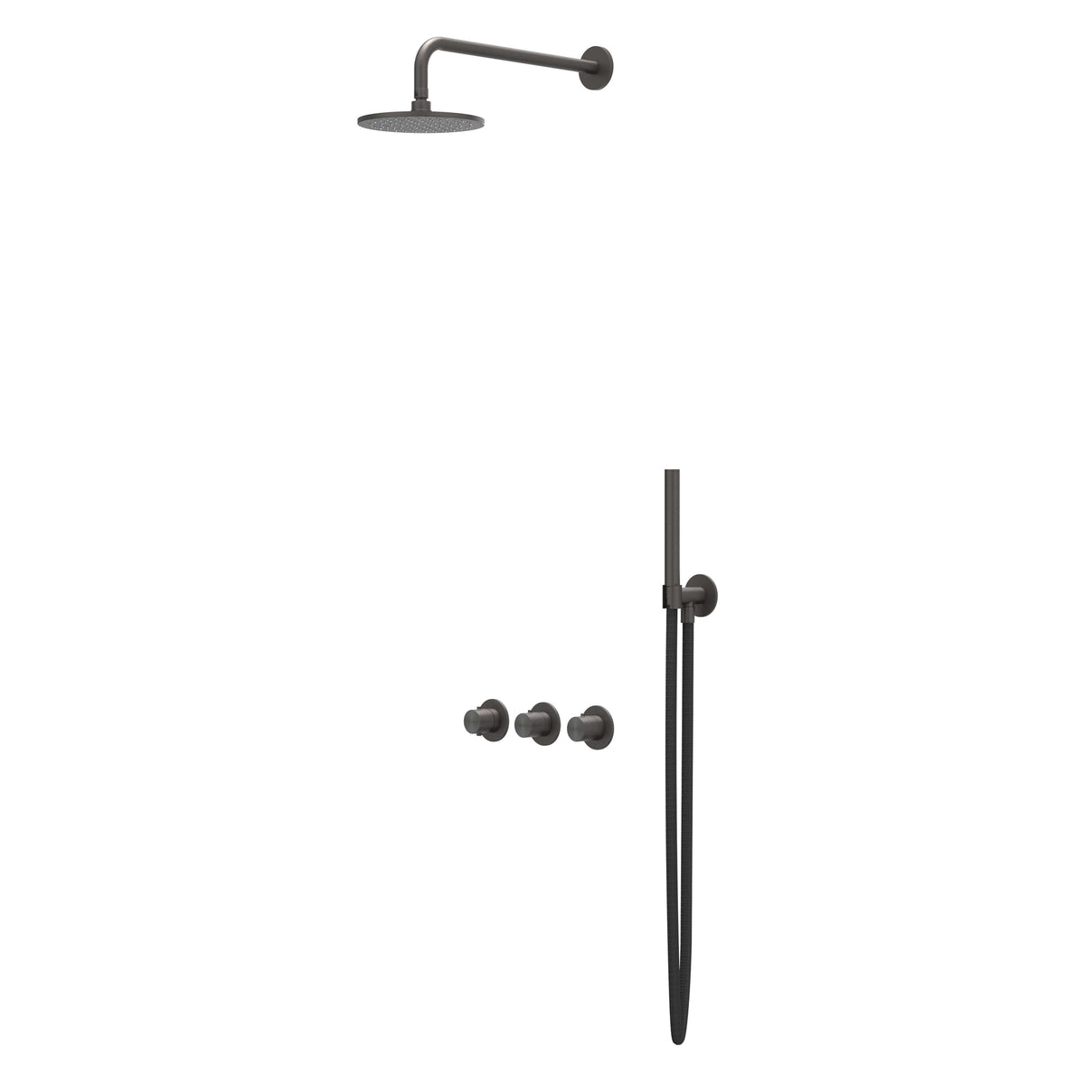 IVY Concord Regendoucheset - inbouw - symmetry - 2 stopkranen - 20cm plafondbuis - 30cm medium hoofddouche - houder met uitlaat - 150cm doucheslang - staafmodel handdouche - RVS316 - geborsteld carbon black PVD