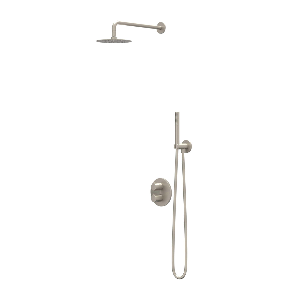 IVY Pact Regendoucheset - inbouw - 2-weg stop-omstel - 40cm wandarm - 20cm slim hoofddouche rond - houder met uitlaat - 150cm doucheslang - 3-standen handdouche - Geborsteld nickel PVD