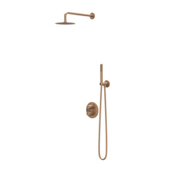IVY Pact Regendoucheset - inbouw - 2-weg stop-omstel - 40cm wandarm - 25cm medium hoofddouche rond - houder met uitlaat - 150cm doucheslang - 3-standen handdouche - Geborsteld mat koper PVD