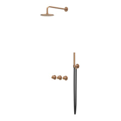 IVY Tribe Regendoucheset - inbouw - symmetry - 2 stopkranen - 20cm plafondbuis - 25cm medium hoofddouche - glijstang met uitlaat - 150cm doucheslang - staafmodel handdouche - RVS316 - geborsteld mat koper PVD