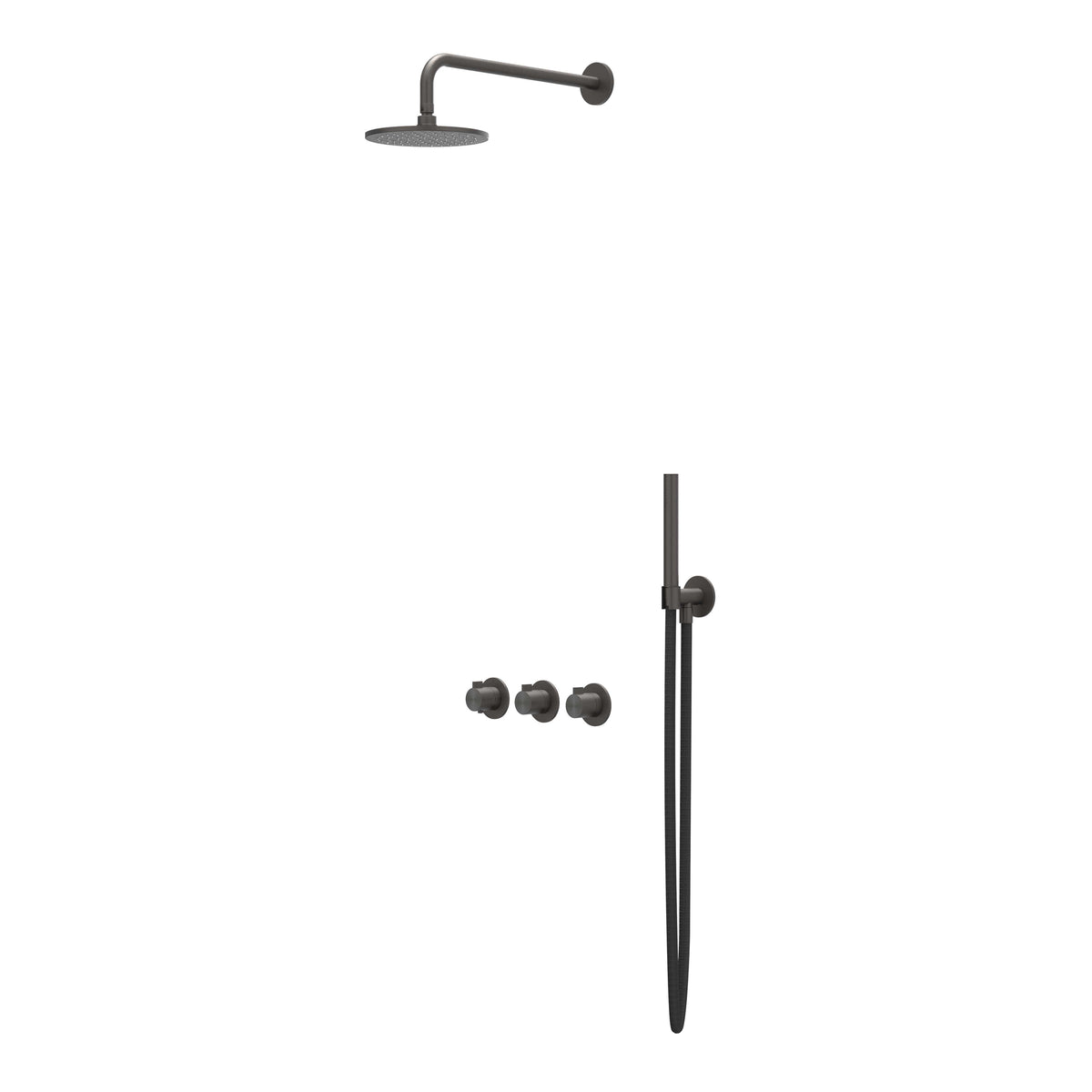 IVY Tribe Regendoucheset - inbouw - symmetry - 2 stopkranen - 30cm plafondbuis - 30cm medium hoofddouche - houder met uitlaat - 150cm doucheslang - staafmodel handdouche - RVS316 - geborsteld carbon black PVD