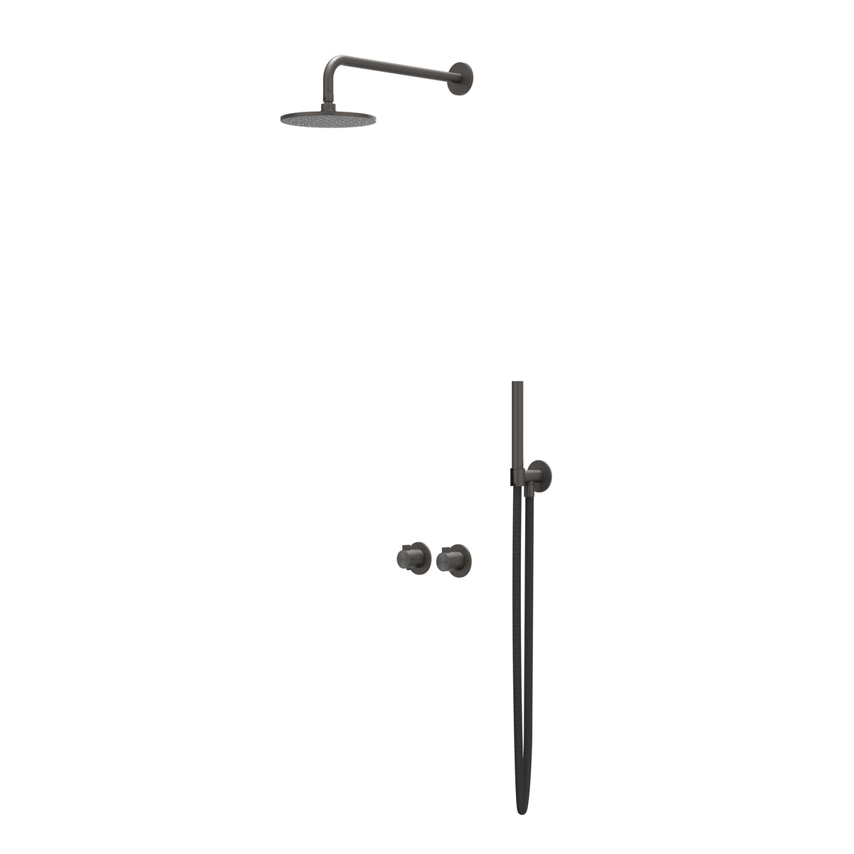 IVY Tribe Regendoucheset - inbouw - symmetry - 2-weg stop-omstel - 30cm plafondbuis - 25cm medium hoofddouche - glijstang met uitlaat - 150cm doucheslang - staafmodel handdouche - RVS316 - geborsteld carbon black PVD