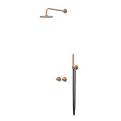 IVY Tribe Regendoucheset - inbouw - symmetry - 2-weg stop-omstel - 40cm wandarm - 25cm medium hoofddouche - houder met uitlaat - 150cm doucheslang - staafmodel handdouche - RVS316 - geborsteld mat koper PVD
