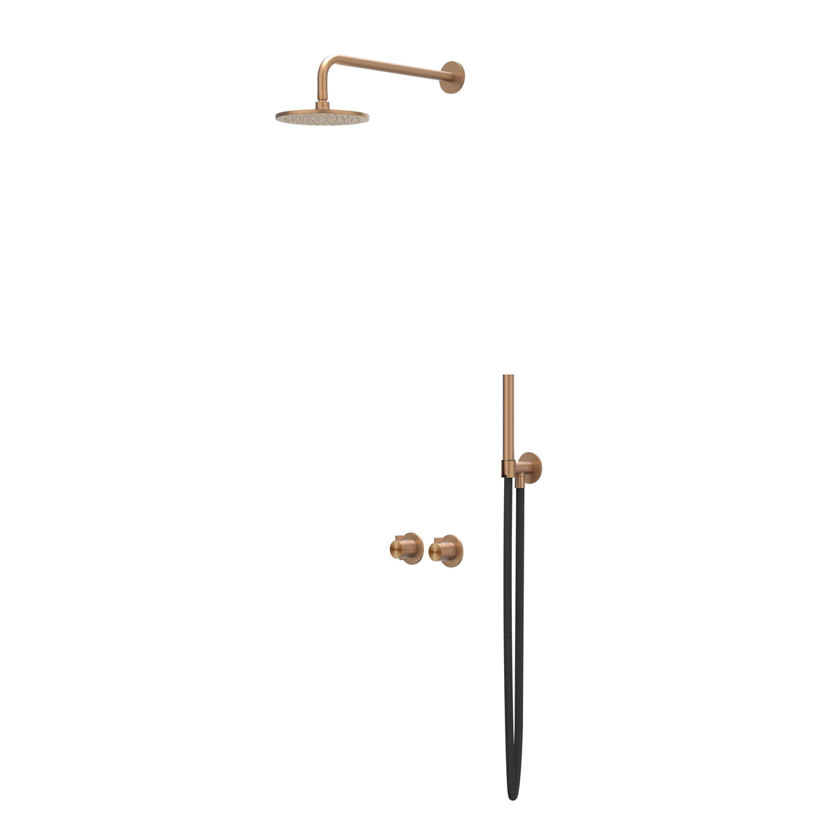 IVY Tribe Regendoucheset - inbouw - symmetry - 2-weg stop-omstel - 40cm wandarm - 30cm medium hoofddouche - glijstang met uitlaat - 150cm doucheslang - staafmodel handdouche - RVS316 - geborsteld mat koper PVD