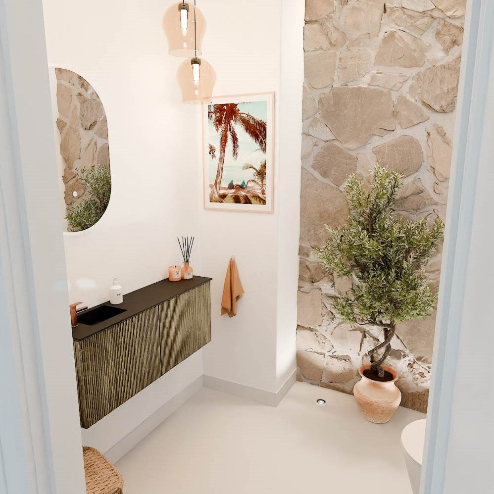 JOYA 100cm toiletmeubel kleur Dusk. Wastafel FAYE positie Links 1 kraangat kleur Urban.
