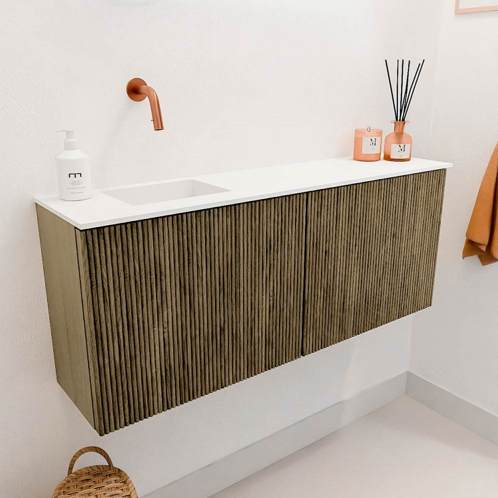 JOYA 100cm toiletmeubel kleur Dusk. Wastafel FAYE positie Links Zonder kraangat kleur Talc.