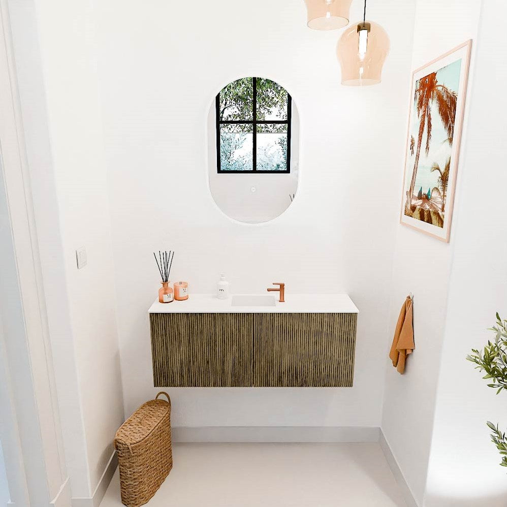 JOYA 100cm toiletmeubel kleur Dusk. Wastafel FAYE positie Midden 1 kraangat kleur Talc.