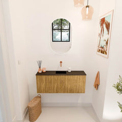 JOYA 100cm toiletmeubel kleur Oak. Wastafel FAYE positie Midden Zonder kraangat kleur Urban.
