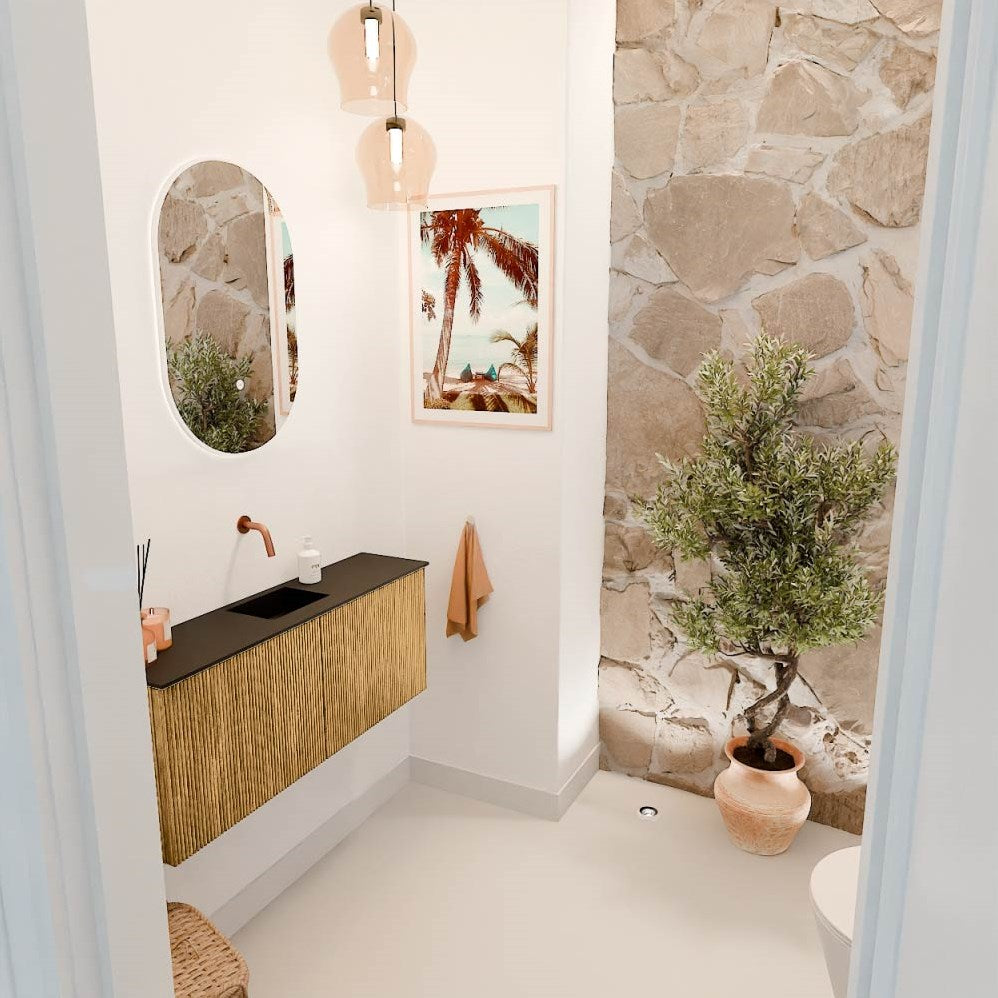 JOYA 100cm toiletmeubel kleur Oak. Wastafel FAYE positie Midden Zonder kraangat kleur Urban.