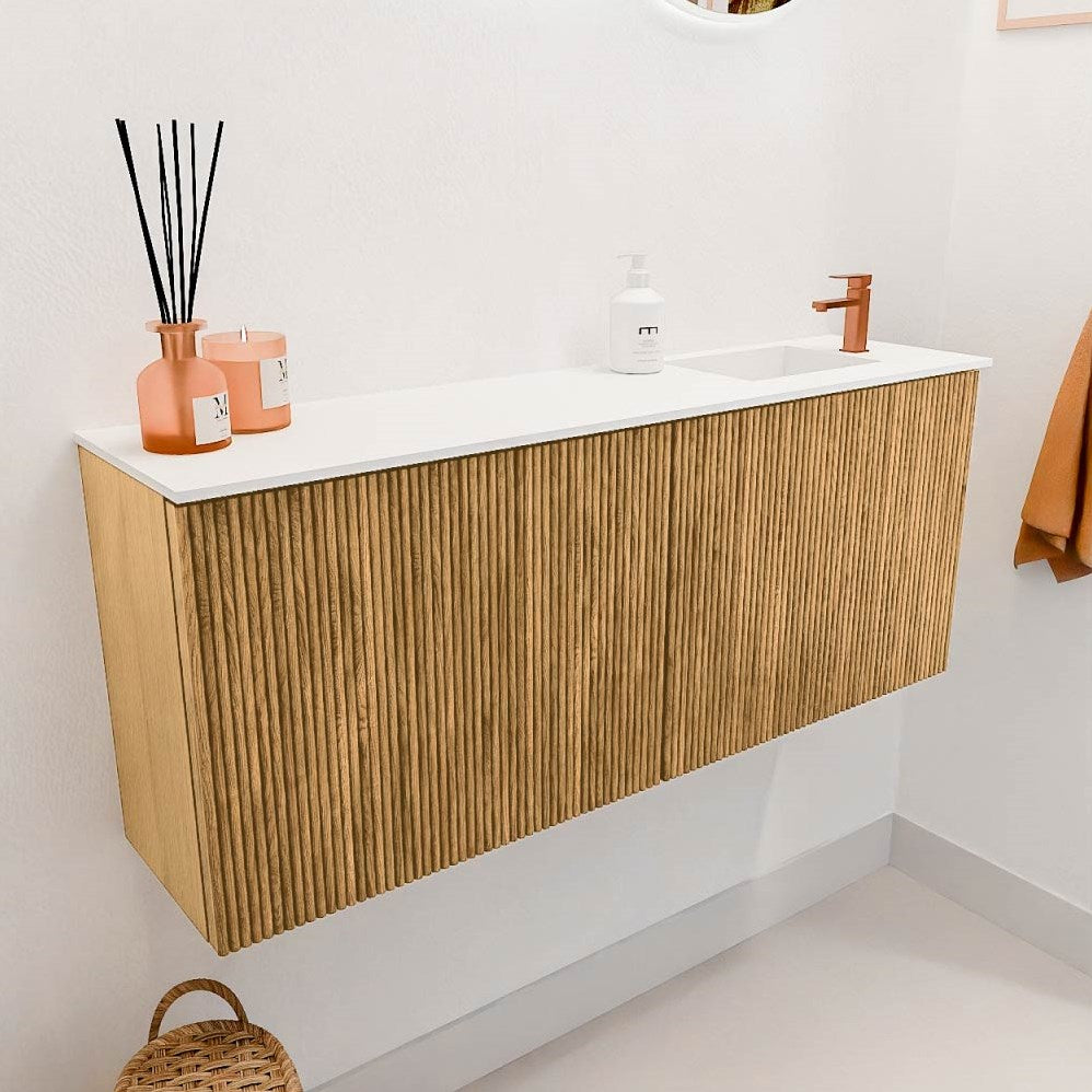 JOYA 100cm toiletmeubel kleur Oak. Wastafel FAYE positie Rechts 1 kraangat kleur Talc.