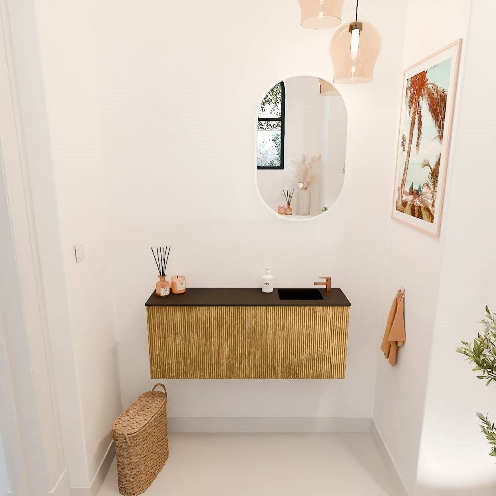 JOYA 100cm toiletmeubel kleur Oak. Wastafel FAYE positie Rechts 1 kraangat kleur Urban.