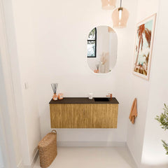 JOYA 100cm toiletmeubel kleur Oak. Wastafel FAYE positie Rechts 1 kraangat kleur Urban.