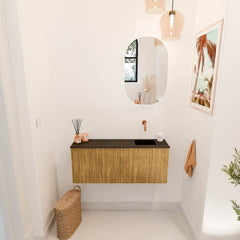JOYA 100cm toiletmeubel kleur Oak. Wastafel FAYE positie Rechts Zonder kraangat kleur Urban.