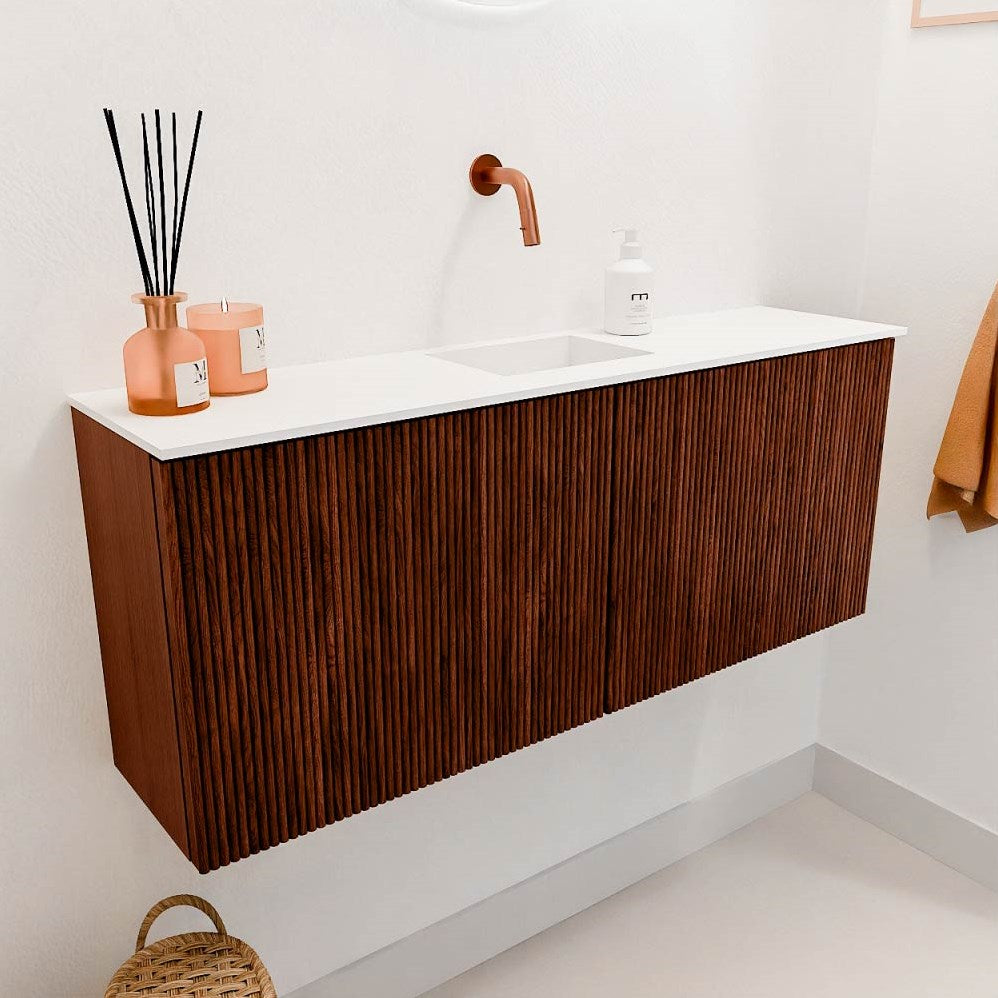 JOYA 100cm toiletmeubel kleur Ruby. Wastafel FAYE positie Midden Zonder kraangat kleur Talc.