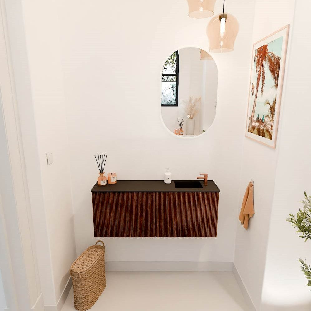 JOYA 100cm toiletmeubel kleur Ruby. Wastafel FAYE positie Rechts 1 kraangat kleur Urban.