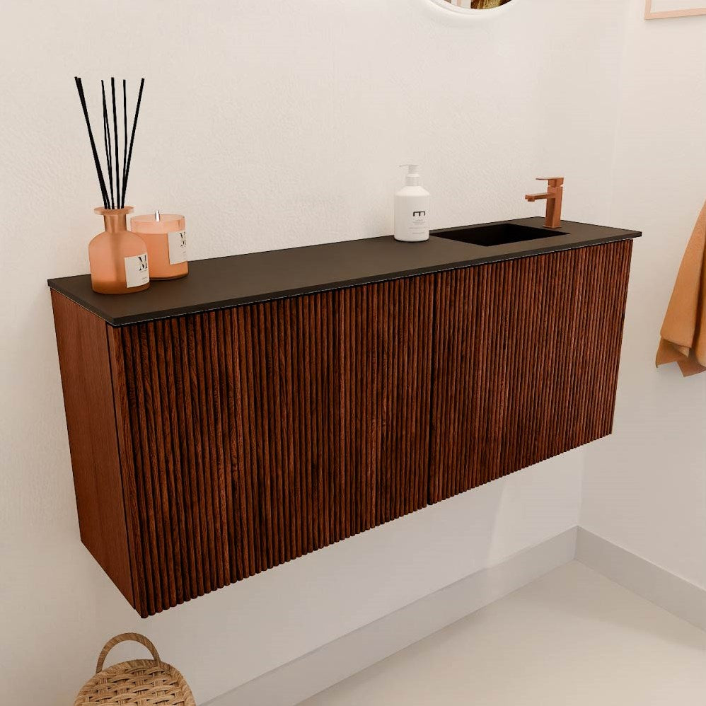 JOYA 100cm toiletmeubel kleur Ruby. Wastafel FAYE positie Rechts 1 kraangat kleur Urban.
