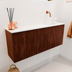 JOYA 100cm toiletmeubel kleur Ruby. Wastafel FAYE positie Rechts Zonder kraangat kleur Talc.