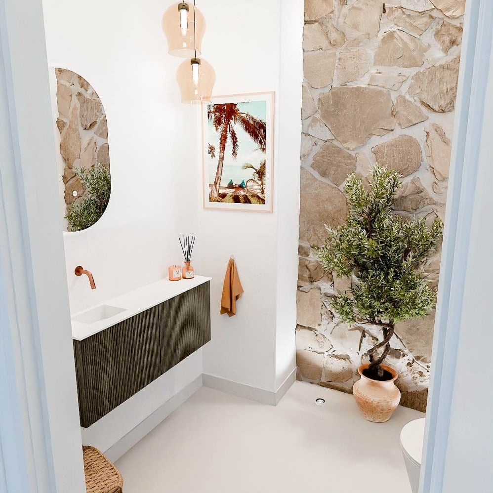 JOYA 100cm toiletmeubel kleur Shadow. Wastafel FAYE positie Links Zonder kraangat kleur Talc.