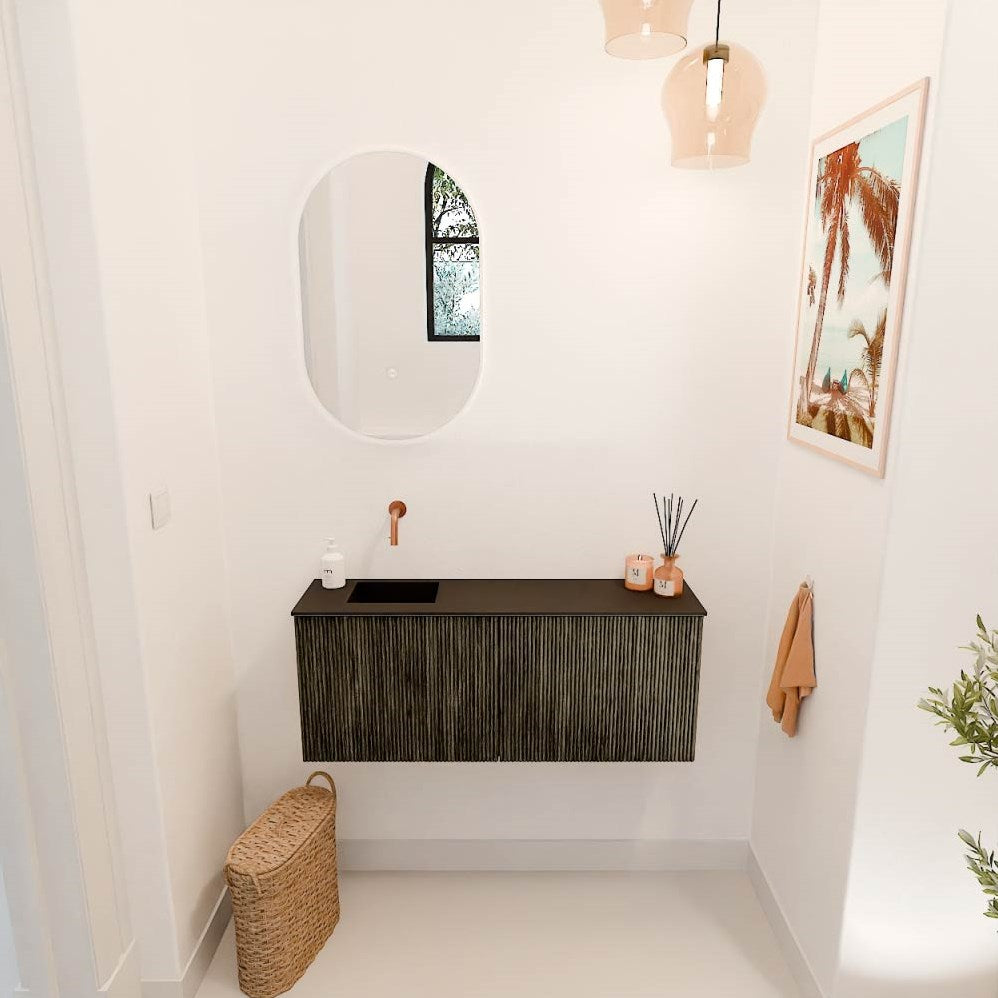JOYA 100cm toiletmeubel kleur Shadow. Wastafel FAYE positie Links Zonder kraangat kleur Urban.