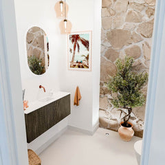 JOYA 100cm toiletmeubel kleur Shadow. Wastafel FAYE positie Midden Zonder kraangat kleur Talc.