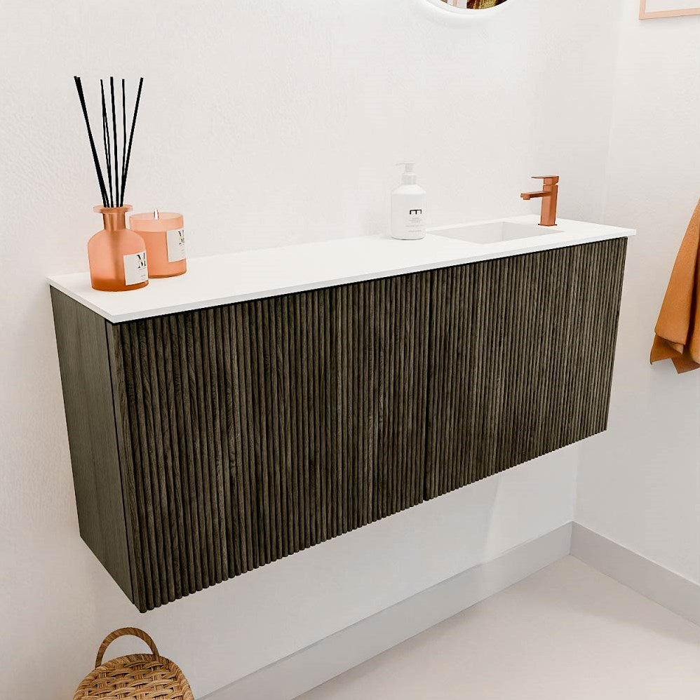 JOYA 100cm toiletmeubel kleur Shadow. Wastafel FAYE positie Rechts 1 kraangat kleur Talc.