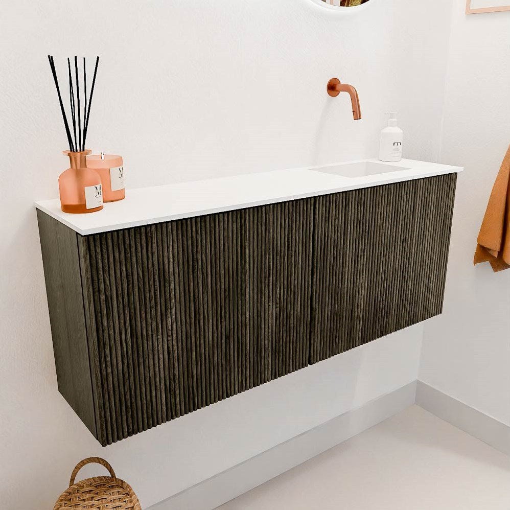 JOYA 100cm toiletmeubel kleur Shadow. Wastafel FAYE positie Rechts Zonder kraangat kleur Talc.