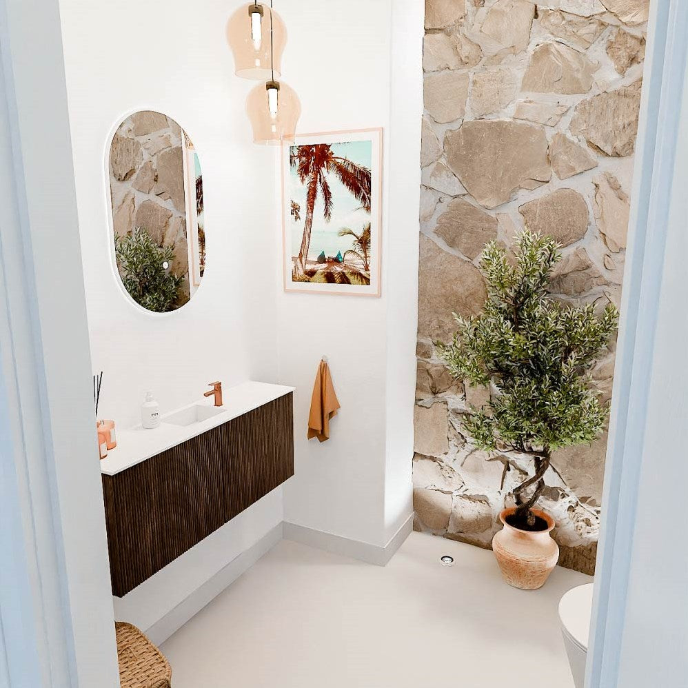 JOYA 100cm toiletmeubel kleur Walnut. Wastafel FAYE positie Midden 1 kraangat kleur Talc.