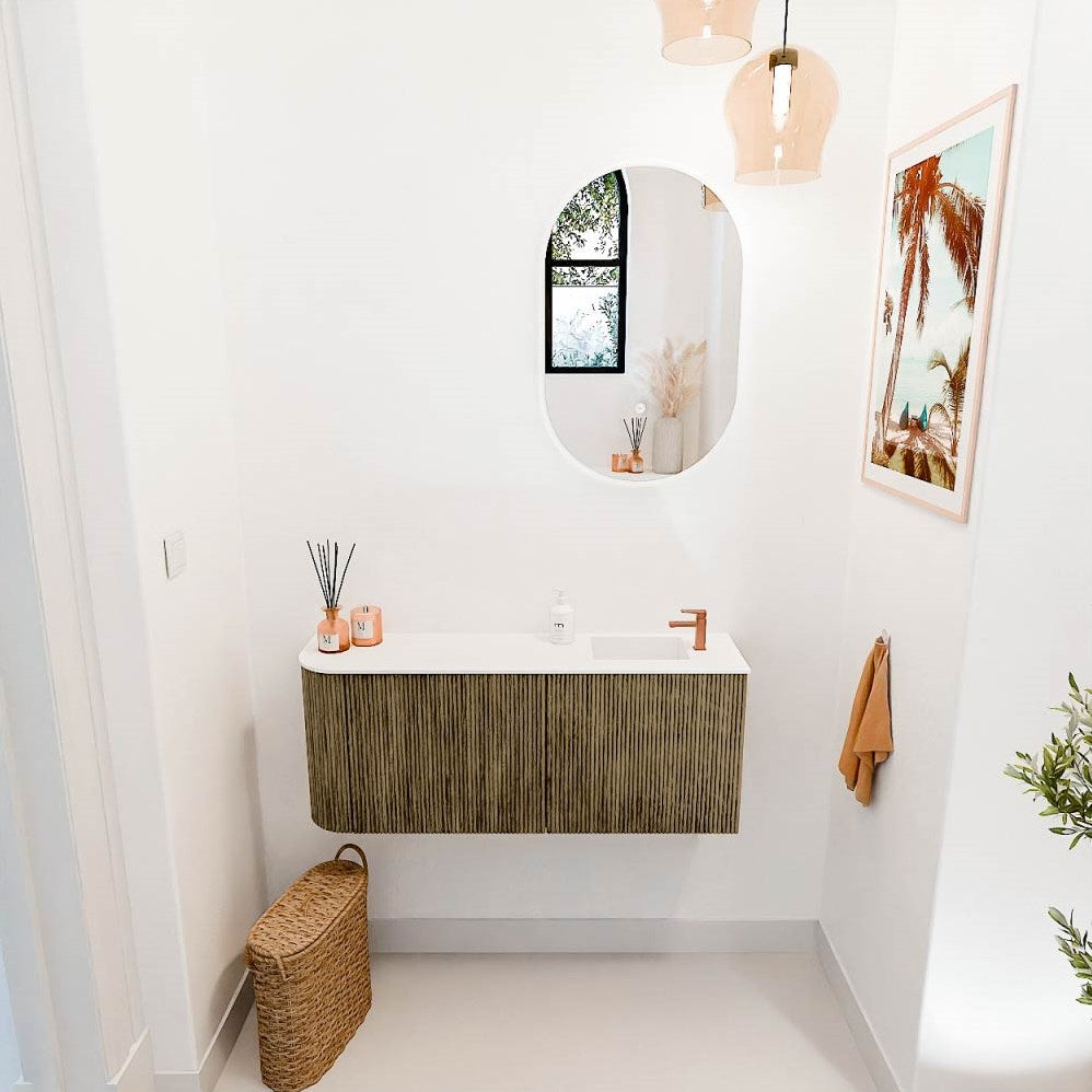 JOYA 101,6cm toiletmeubel ronding links kleur Dusk. Wastafel FAYE positie Rechts 1 kraangat kleur Talc.