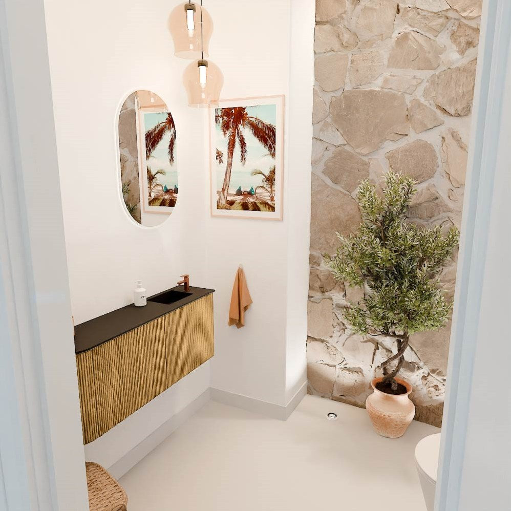 JOYA 101,6cm toiletmeubel ronding links kleur Oak. Wastafel FAYE positie Rechts 1 kraangat kleur Urban.