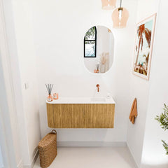 JOYA 101,6cm toiletmeubel ronding links kleur Oak. Wastafel FAYE positie Rechts Zonder kraangat kleur Talc.