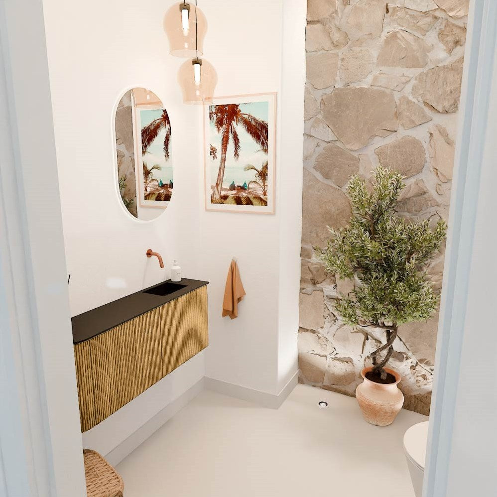 JOYA 101,6cm toiletmeubel ronding links kleur Oak. Wastafel FAYE positie Rechts Zonder kraangat kleur Urban.